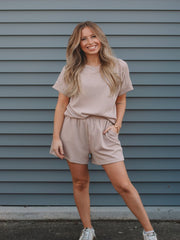 Bridgette Taupe 2Pc Set Short Sleeve Top with Shorts