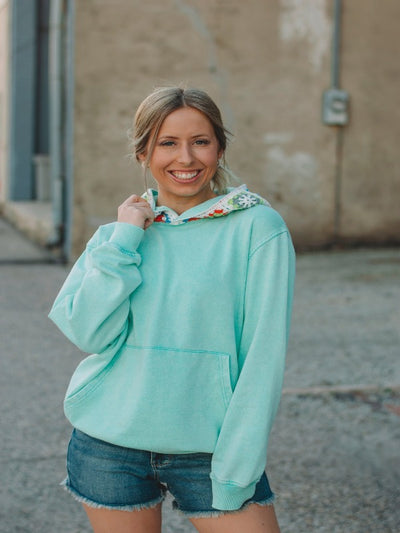 Liz Aqua Sweatshirt with Crochet Hood
