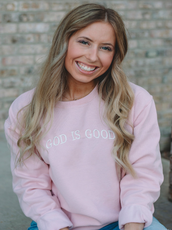 Dusty Pink Embroidered God is Good Sweatshirt