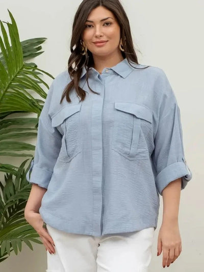 Karen Plus Roll-Up Sleeve Button Up Top