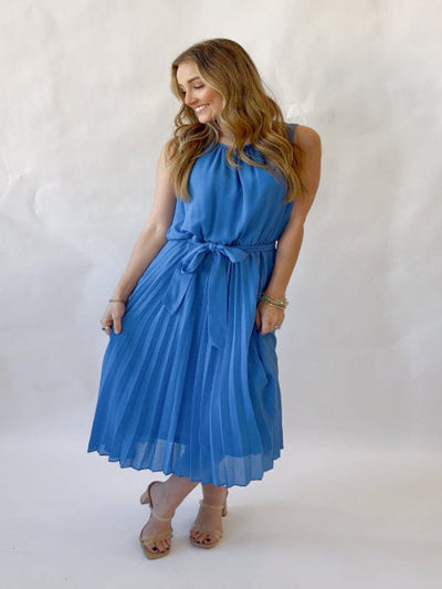 Darcie French Blue Pleated Midi Dress – Elle Belle Boutique