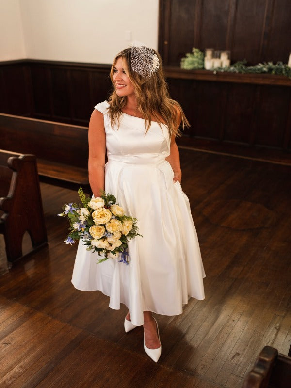 One Shoulder Tea Length Wedding Gown