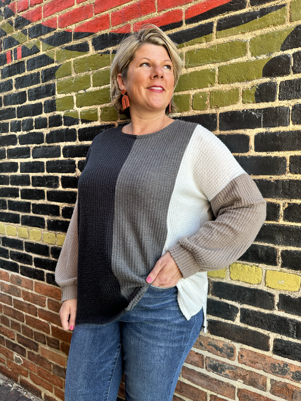 Tammy Taupe Waffle Color Block Top