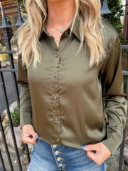 Zoe Olive Satin Button Down Top