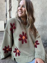 POL Olive Floral Print Chenille Sweater