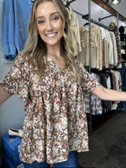 Beverly Taupe Floral Print Short Sleeve Top