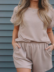 Bridgette Taupe 2Pc Set Short Sleeve Top with Shorts