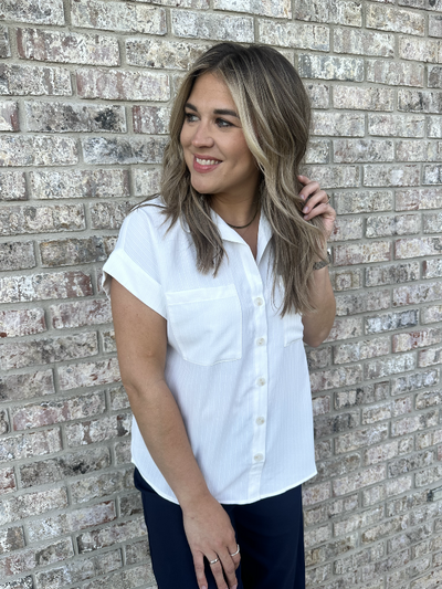 Stacy White Short Sleeve Button Up Top