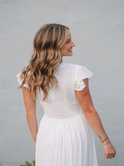 Whitney White Ruffle Neck Midi Dress