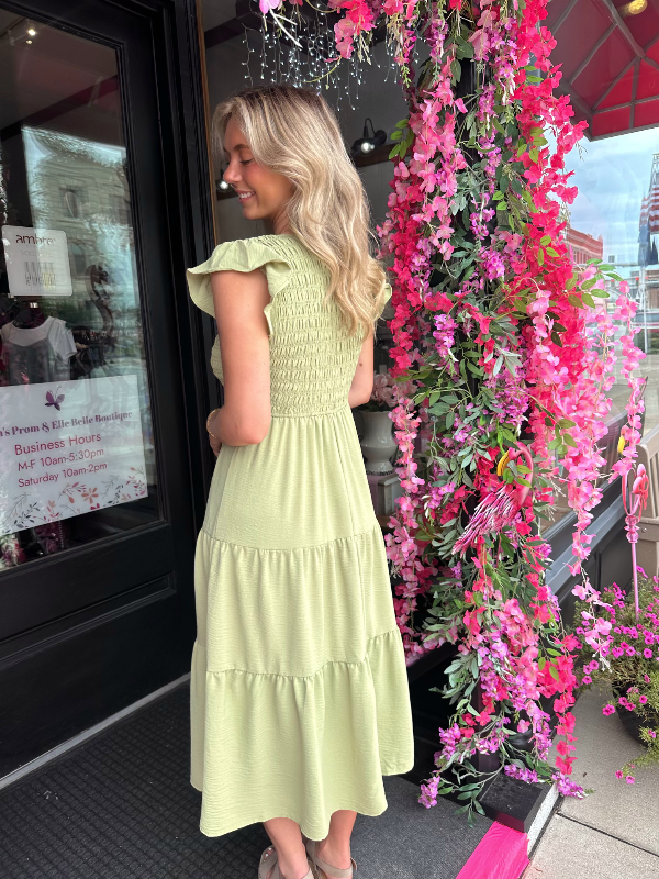 Katie Kiwi Short Flutter Sleeve Maxi Dress