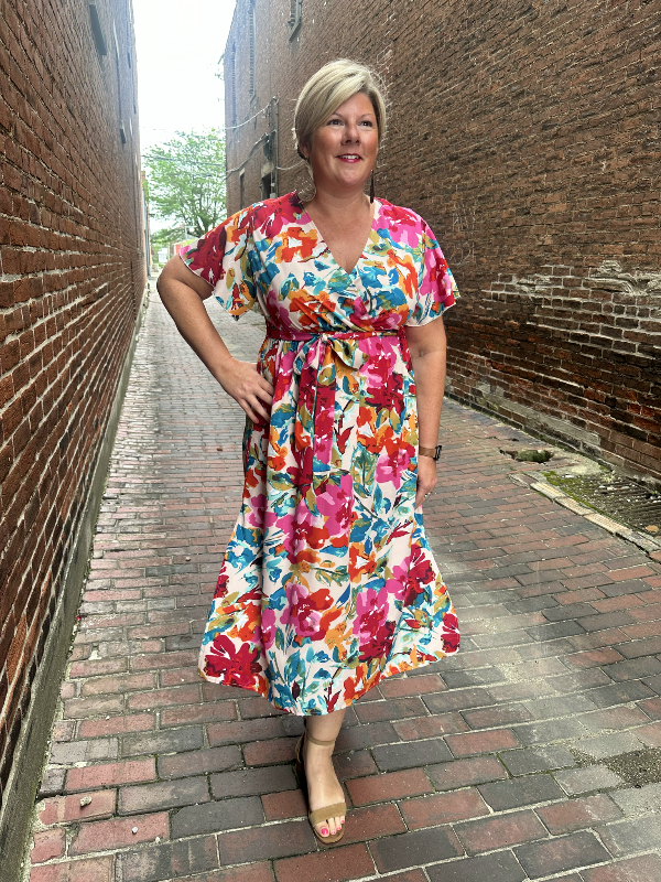 Monica Multi Floral Print Curvy Midi Dress