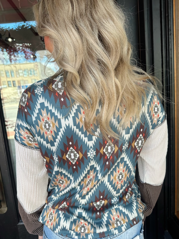 Peggy Dusty Teal Long Sleeve Print Top