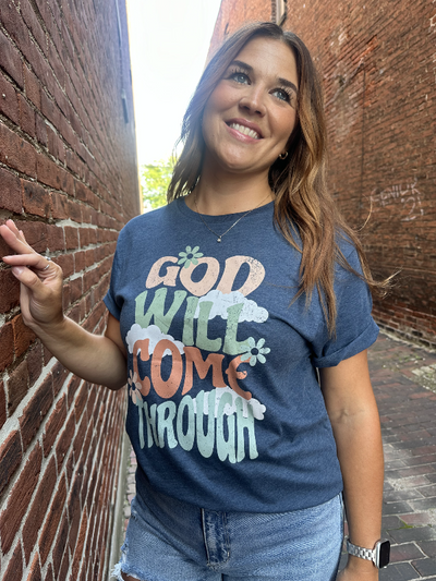 Heather Navy God Will Come Through Graphic Tee