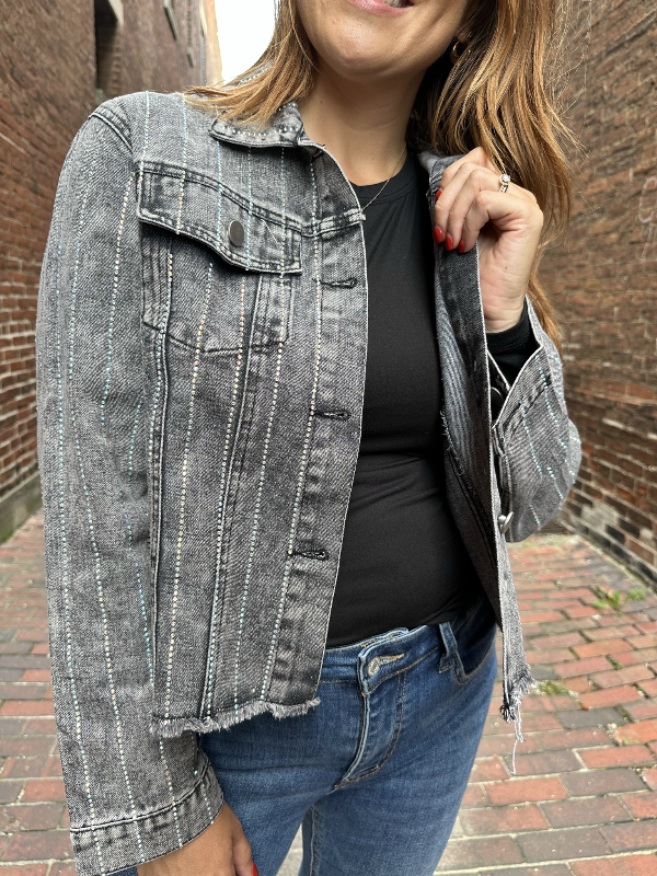 Betty Black Washed Rhinestone Jean Jacket