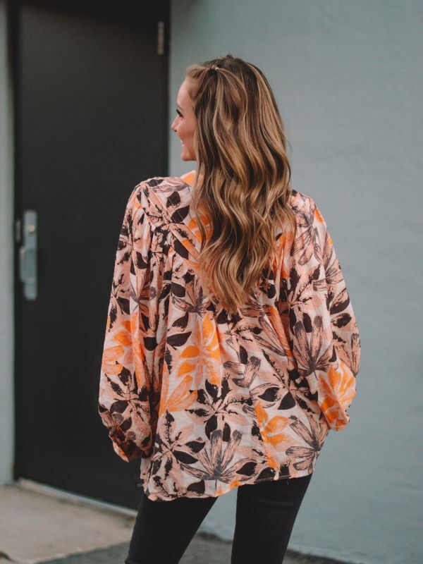 Megan Taupe Print Bubble Sleeve Blouse