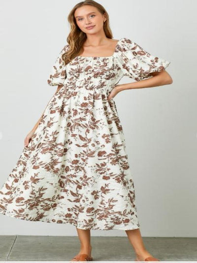 Mocha Floral Print Midi Dress