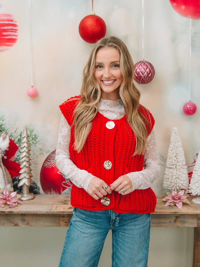 Red Button Up Knitted Sweater Vest