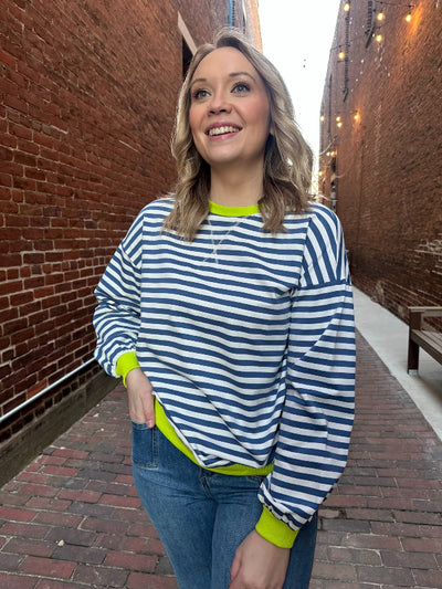 Caitlyn Blue/White Long Sleeve Striped Top