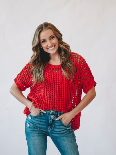 Peggy Red Short sleeve Crochet Sweater