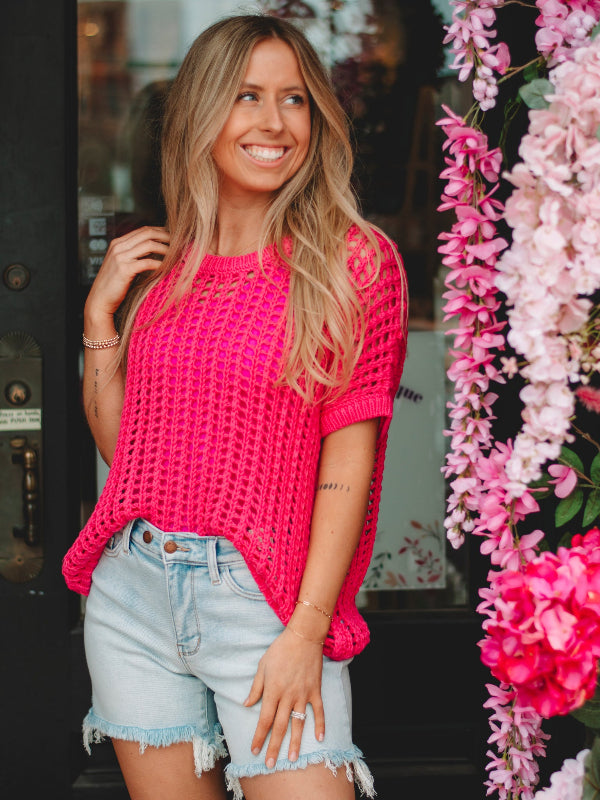 Peggy Hot Pink Short Sleeve Crochet Sweater