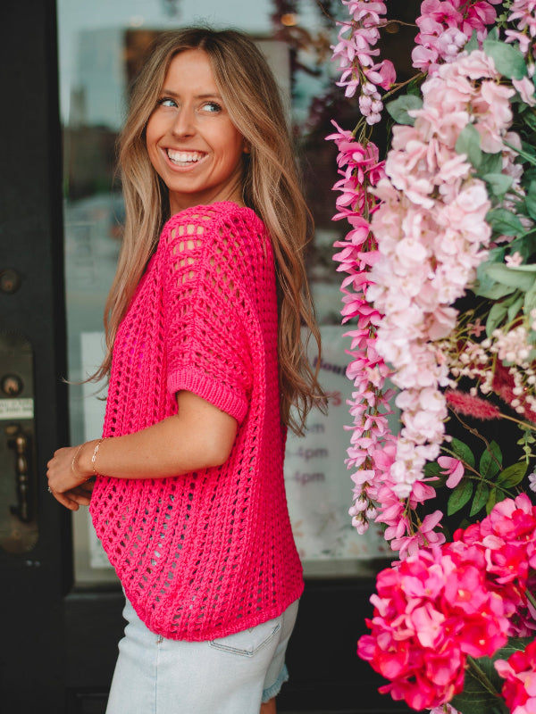 Peggy Hot Pink Short Sleeve Crochet Sweater