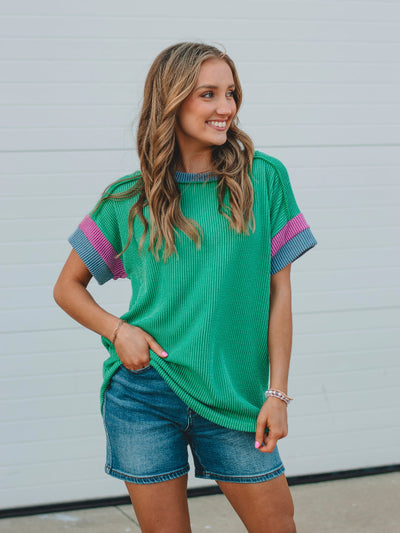 Zoey Keely Green Color Block Ribbed Top
