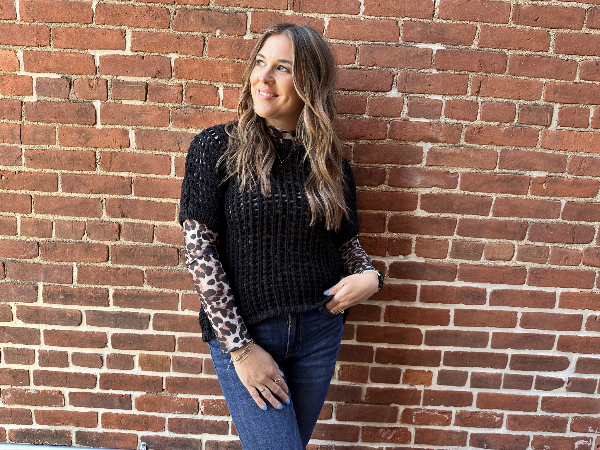 Peggy Black Short Sleeve Crochet Sweater