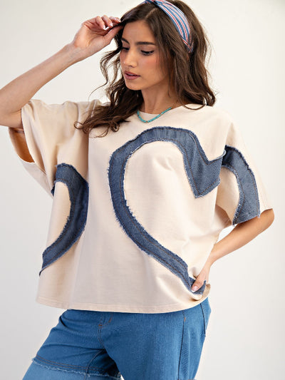 Claire White Short Sleeve Heart Patch Top