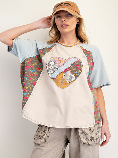 Susie Blue Short Sleeve Heart Patch Top