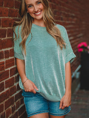 Brittany Dk Green Short Sleeve Ribbed Top