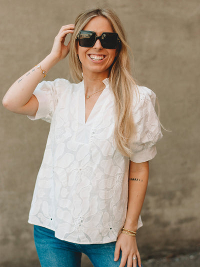 Liz White Short Puff Sleeve Top