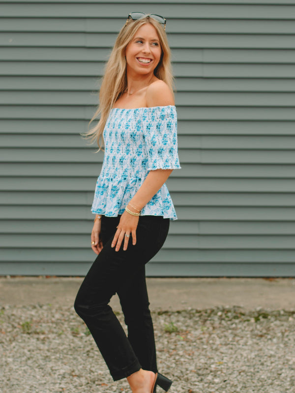 Deonna Blue Floral Smocked Top
