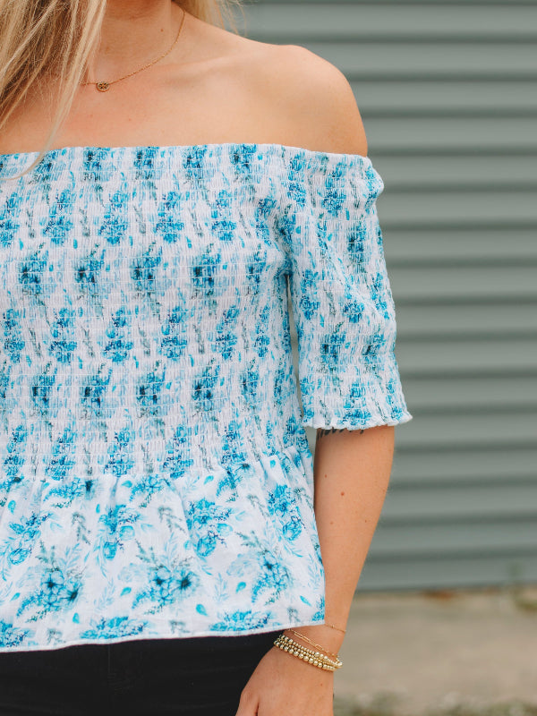 Deonna Blue Floral Smocked Top