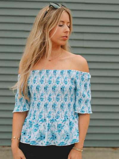 Deonna Blue Floral Smocked Top