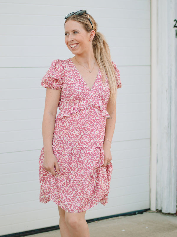 Kendra Pink Floral Short Sleeve Dress  FINAL SALE