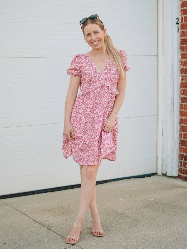 Kendra Pink Floral Short Sleeve Dress  FINAL SALE