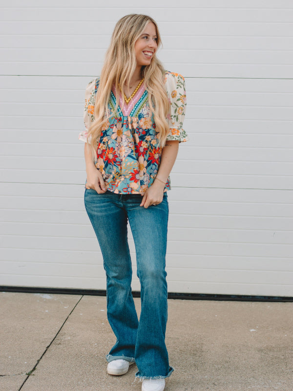 Delany Yellow Multi Boho Half Sleeve Top