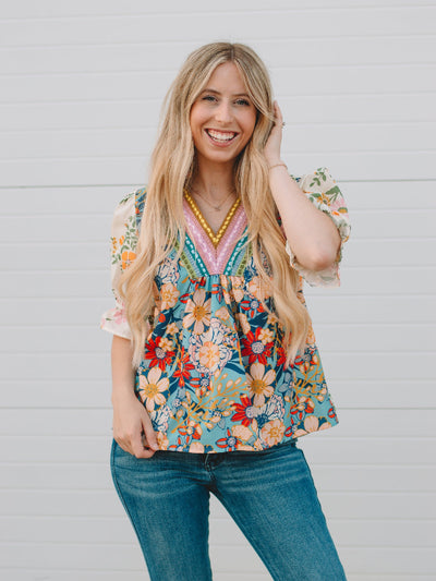 Delany Yellow Multi Boho Half Sleeve Top