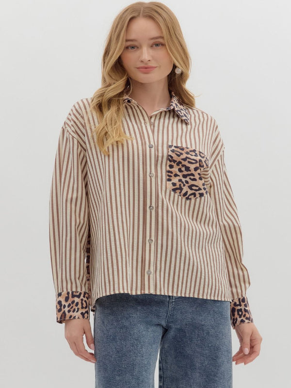 Gretchen Brown Stripe Long Sleeve Button Down Top
