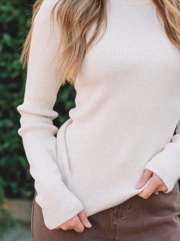 Nikki Oatmeal Long Sleeve Ribbed Sweater