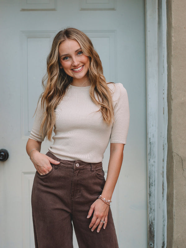 Angela Cream Short Sleeve Ribbed Top