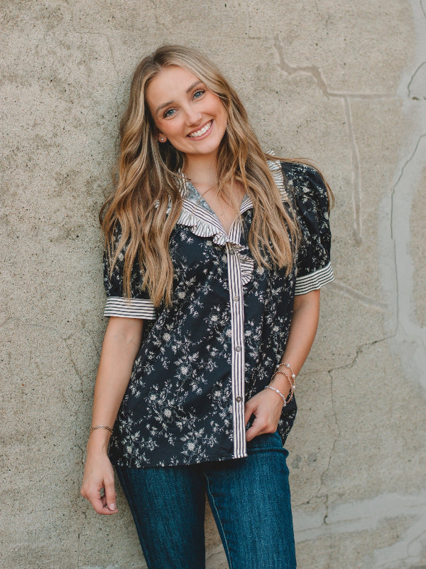 Pamala Black Floral Short Sleeve Top