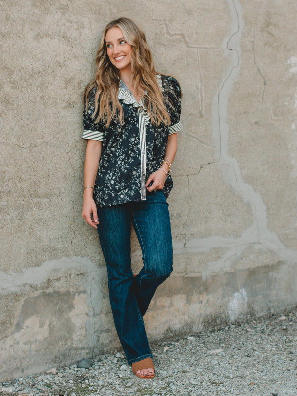 Pamala Black Floral Short Sleeve Top
