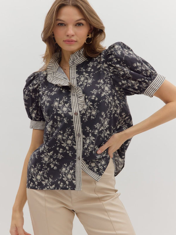 Pamala Black Floral Short Sleeve Top