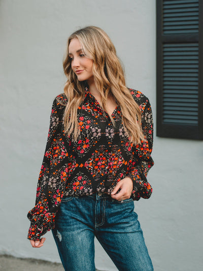 Jenny Black Floral Long Sleeve Blouse