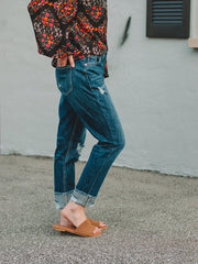 Kan Can High Rise Fray Cuffed Boyfriend Jean