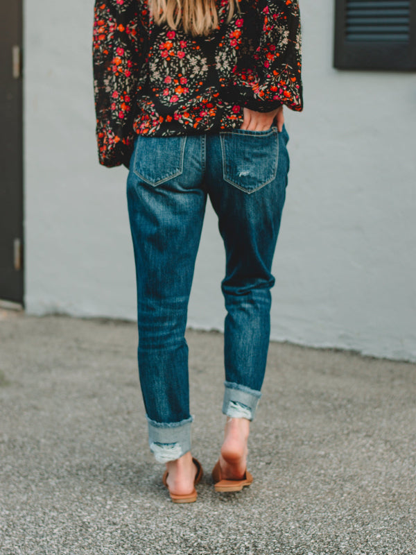 Kan Can High Rise Fray Cuffed Boyfriend Jean