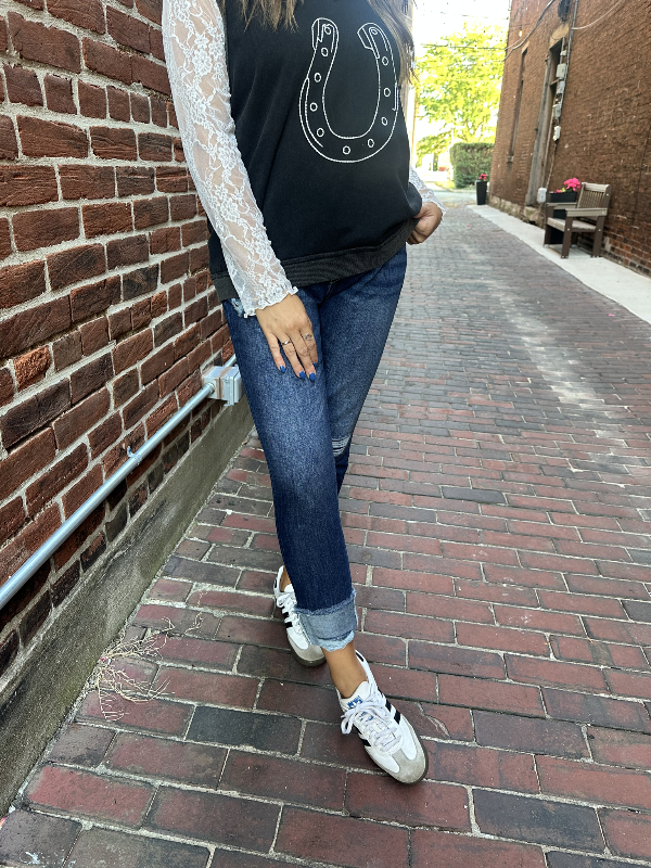 Kan Can High Rise Fray Cuffed Boyfriend Jean