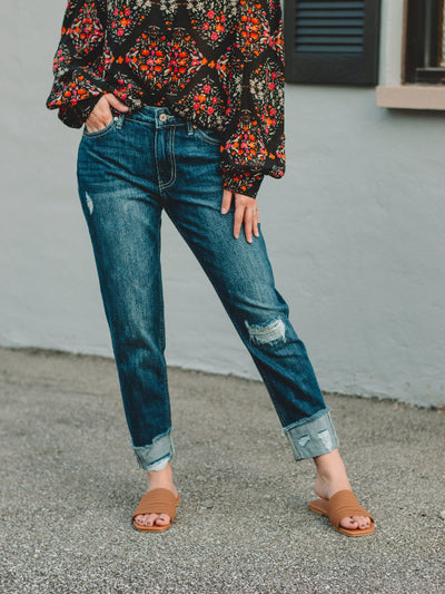 Kan Can High Rise Fray Cuffed Boyfriend Jean