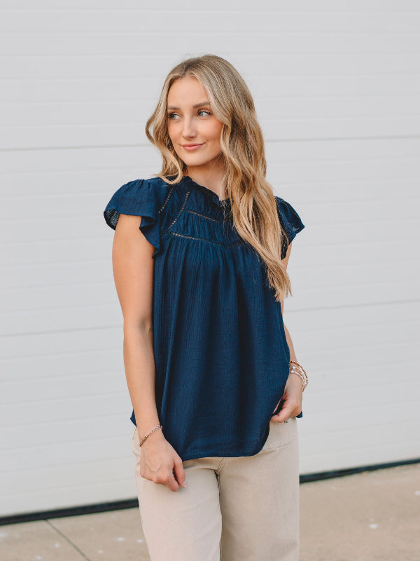 Christina Navy Lace Trim Short Sleeve Top